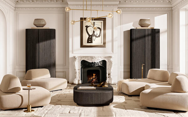 Mulholland collection in Black Oak shown with the Isola chair and sectional