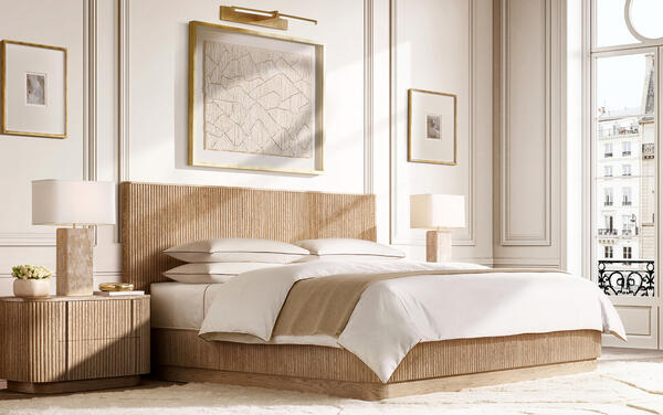 Mulholland bed collection in Greige Oak